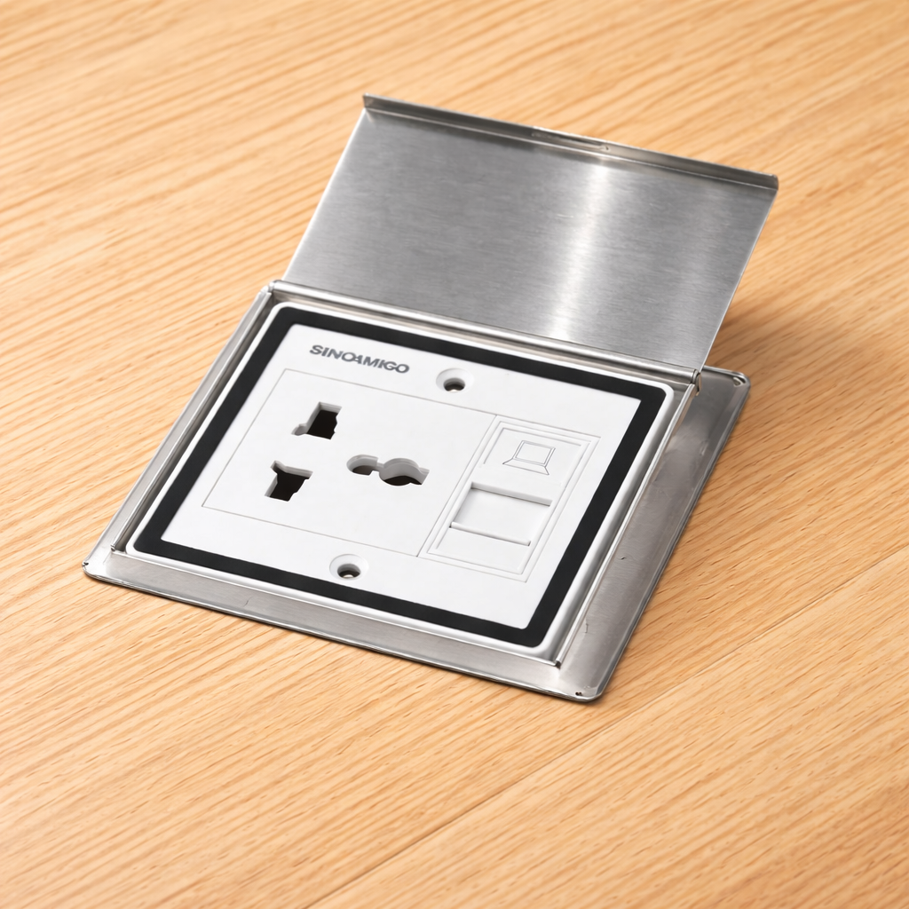 Hộp ổ điện &acirc;m s&agrave;n nắp trượt Sinoamigo SPO-5S+B m&agrave;u bạc